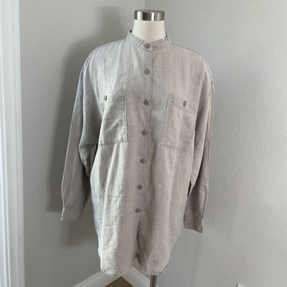 Eddie Bauer Womens Medium 100% Linen Oversized Mandarin Collar Button Up Shirt